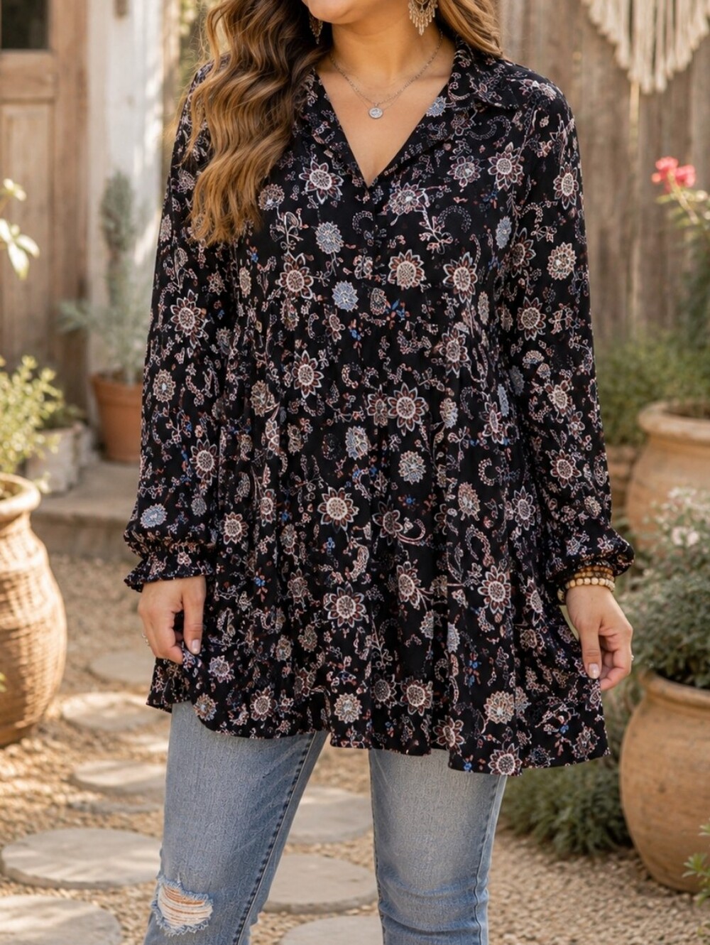 Style & Co Floral Button Down Tunic Babydoll Top Black Long Sleeve Boho Blouse